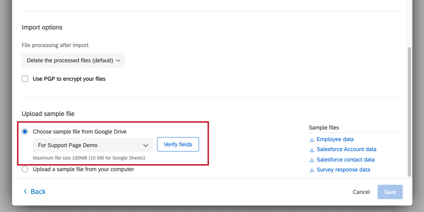 selecting a sample file from google drive