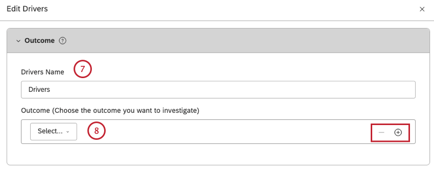 In the Edit Drivers window you can define the outcome, scope, and relevant data for your investigation. Enter a name for the investigation in the Drivers Name box.