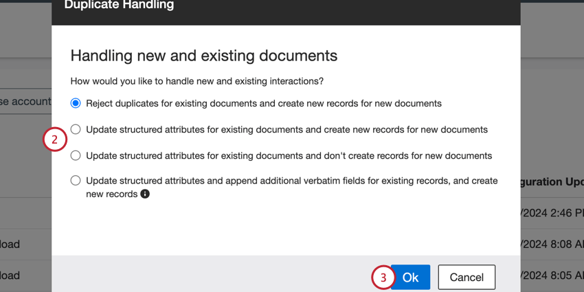 choosing how duplicate documents are handled and clicking OK