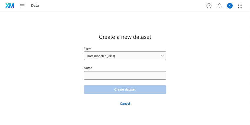 dataset creation screen with data model chosen
