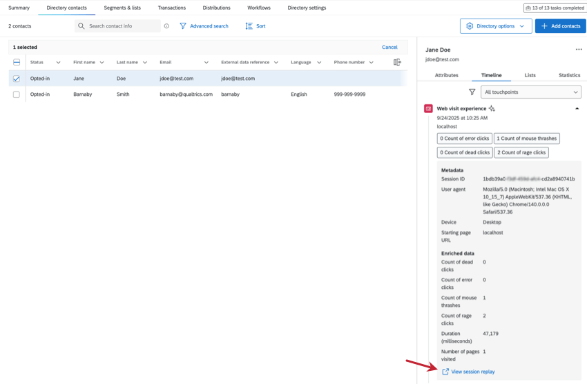 image of cotnact selected in directory, with digital experience analytics expanded in the timeline to the right