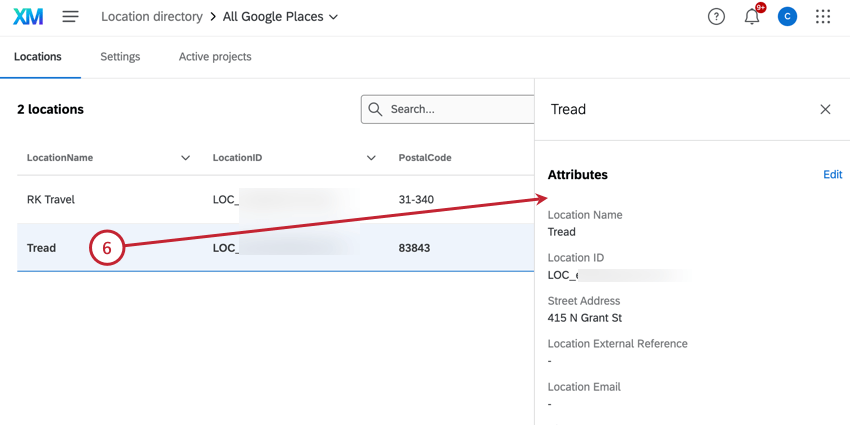 viewing location information in the panel to the right