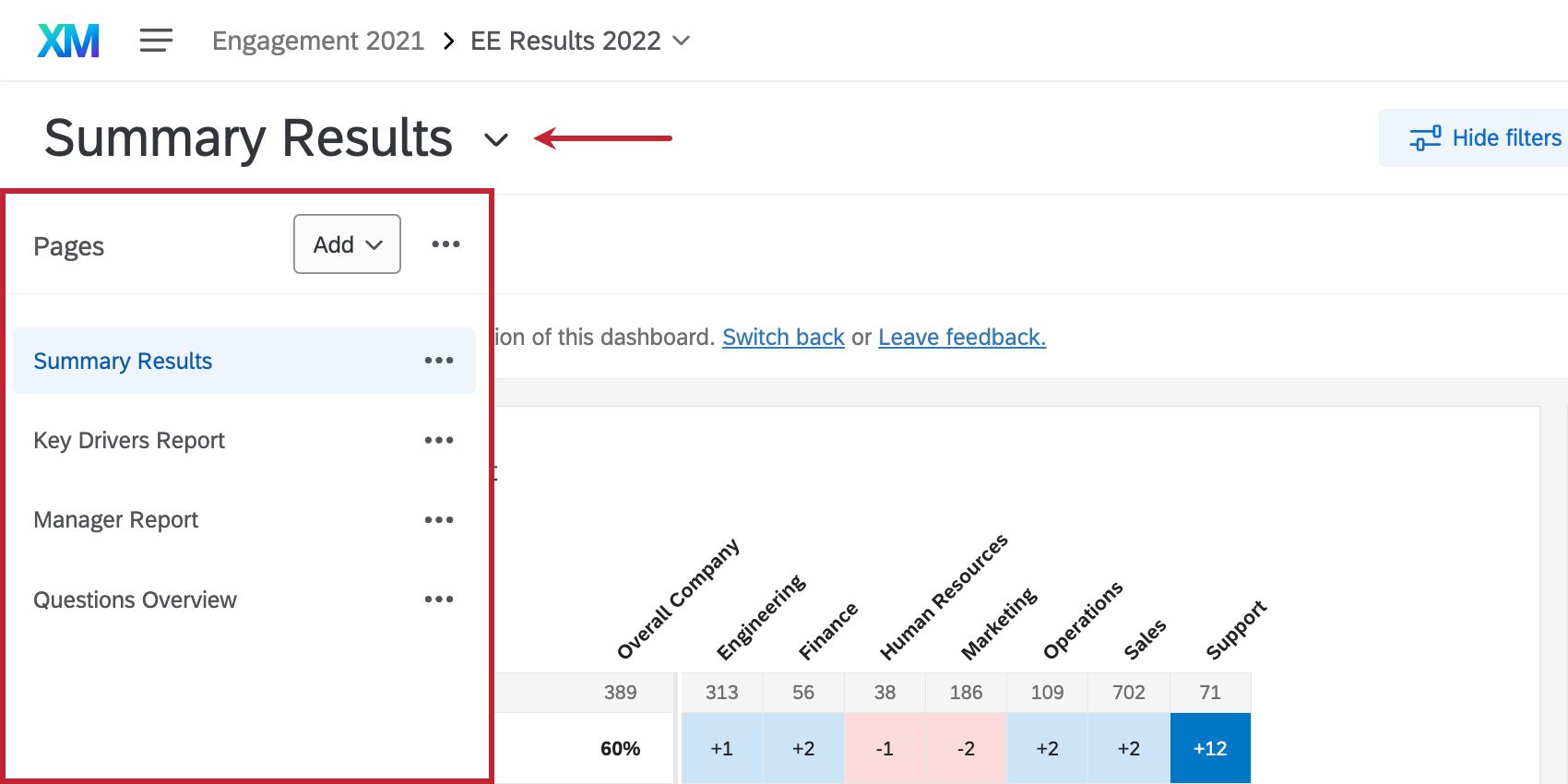 Pages listed in menu to left of a dashboard