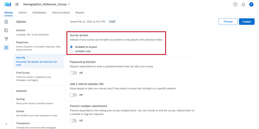 Survey access settings in the Survey Options