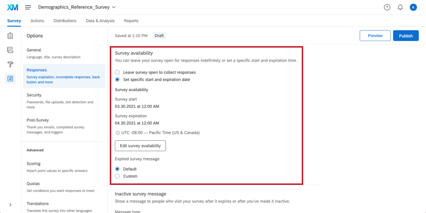 Survey availability settings in the Survey Options