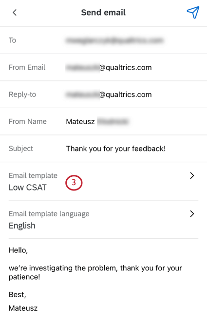 In a follow up email on the xm app, the field for email template is below the subject line of the message