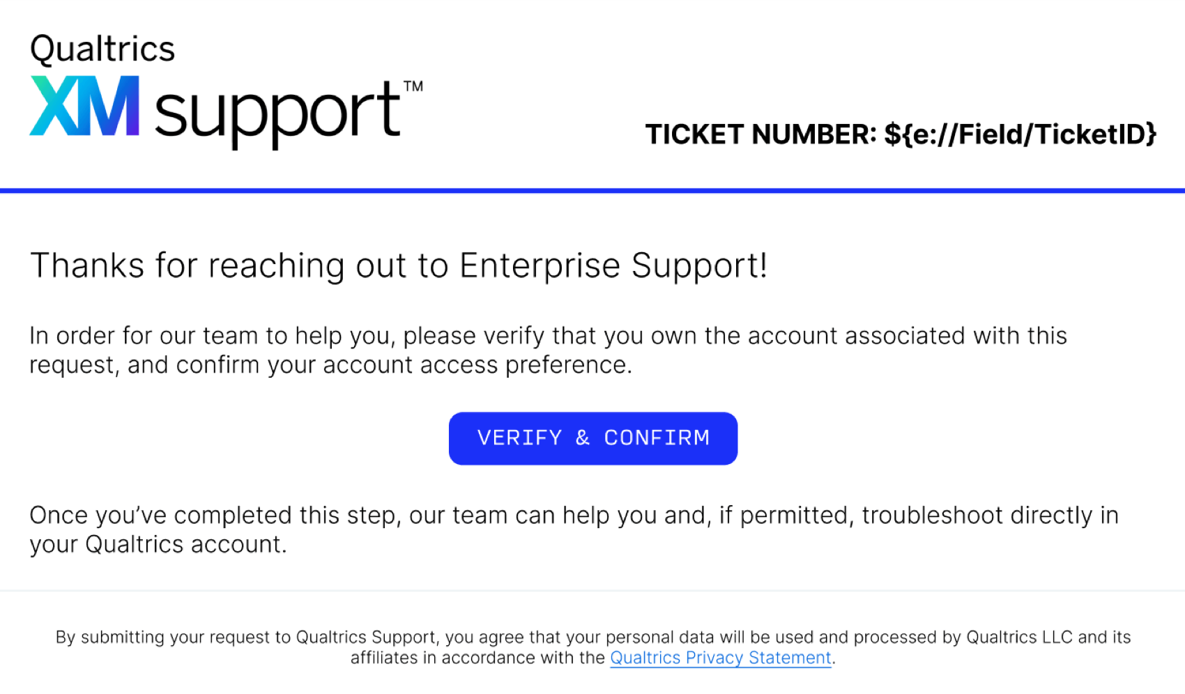 An email saying Enterprise Support will look at the support ticket, but first the user has to confirm and verify their account