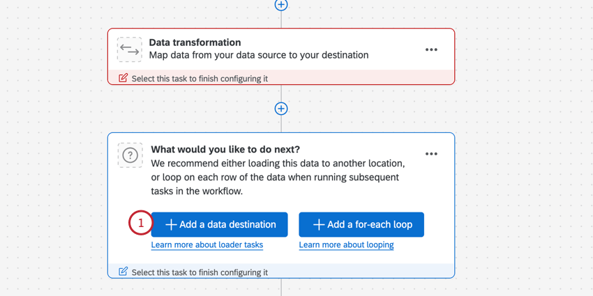 clicking "add a data destination" to add a loader task