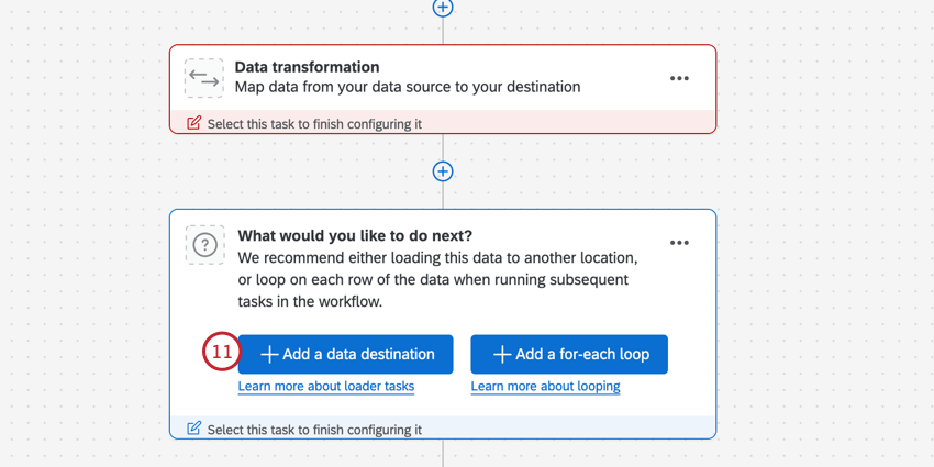 clicking "add a data destination" to add a loader task