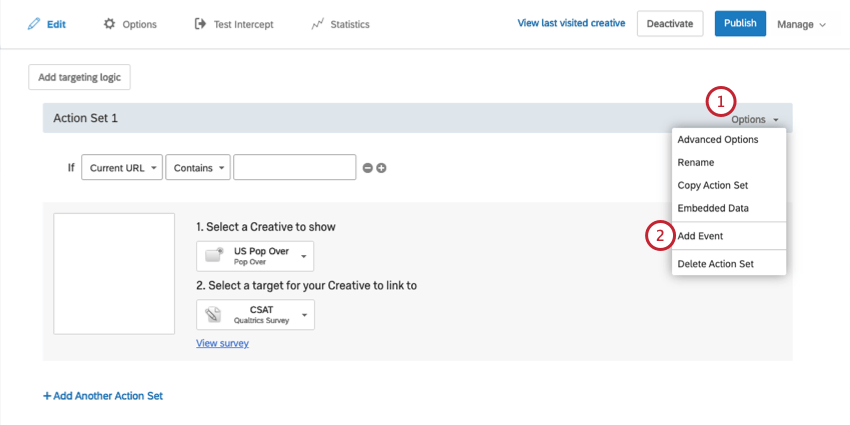 Options is selected on the far-right of an actions toolbar, revealing the Add Event option