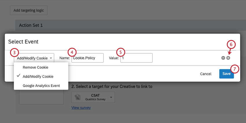 Select Event window where the first field is dropped down to reveal Remove cookie, add modify cookie, and google analytics event
