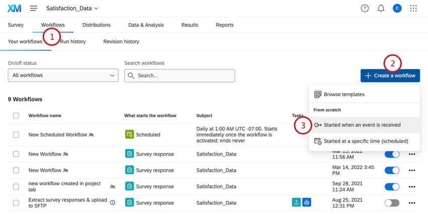 In the workflows tab, clicking "create a workflows" and then "started when an event is received"