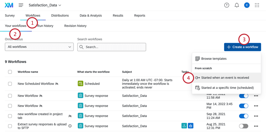 In the workflows tab, clicking "create a workflows" and then "started when an event is received"