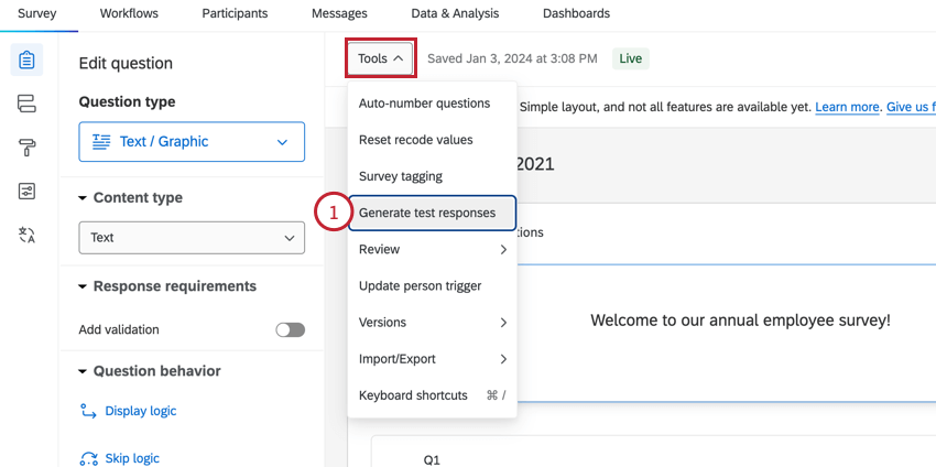 choosing generate test responses in the Tools menu