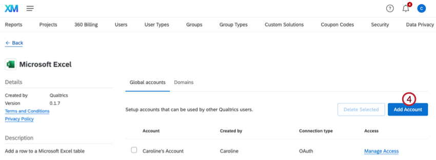 "add account" button within microsoft excel extension settings