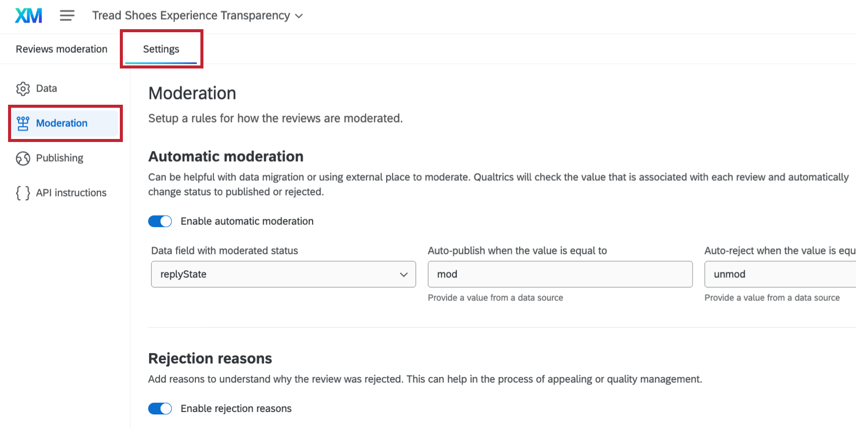 the moderation section of project settings