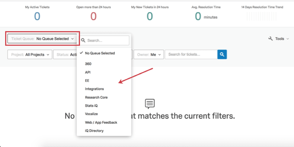 Ticket queue dropdown upper-left has a list of all the queues you made