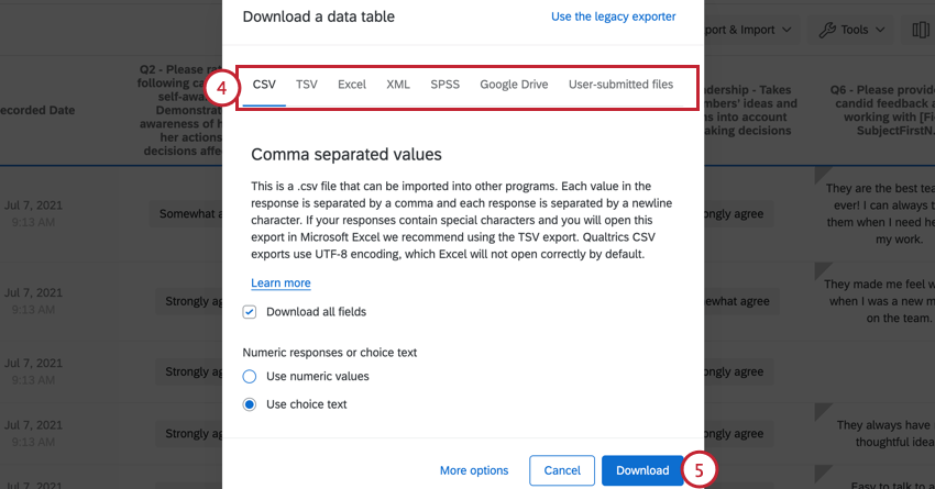 choosing the file type and clicking download