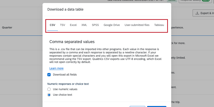 Along top of the download data table window is a list of file formats: CSV, TSV, excel, XML, SPSS, Google Drive, User-submitted files, and Tableau