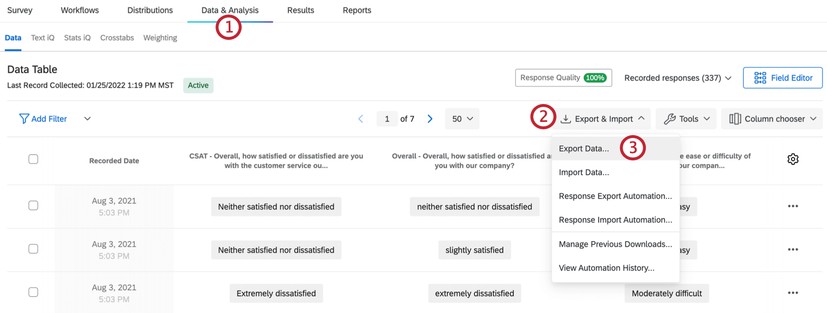 Export Import button on far-right of Data & Analysis tab