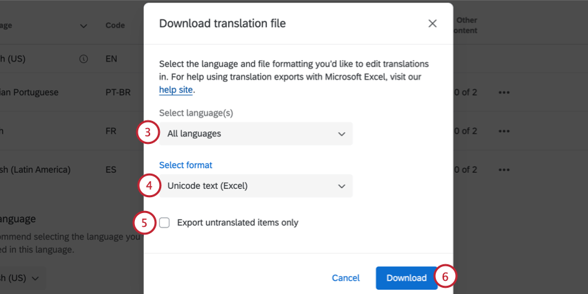 choosing the languages to export
