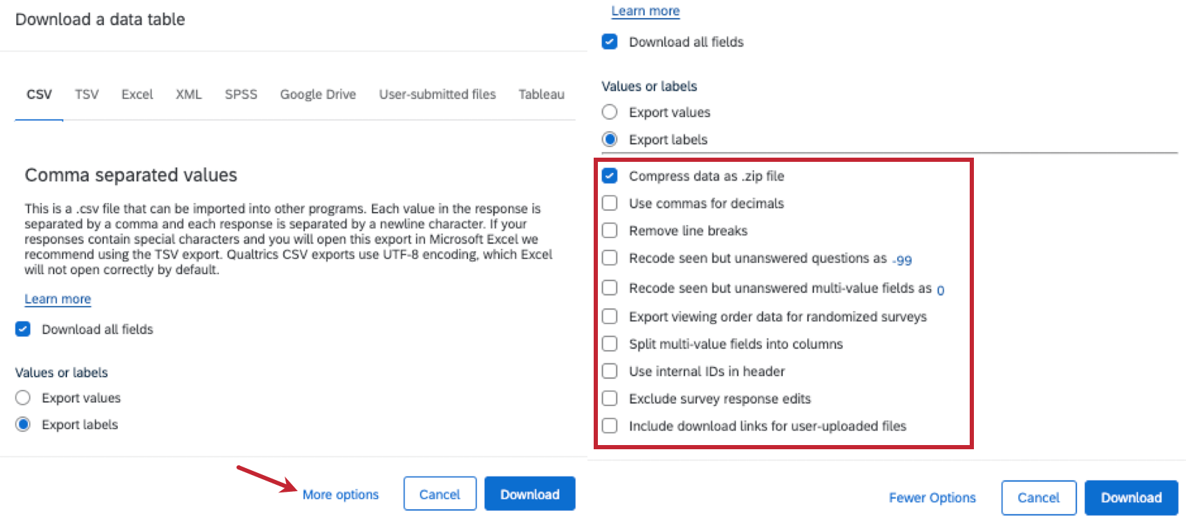 Download Data Table window expanded, with attention to the lower-left more options and the resulting change