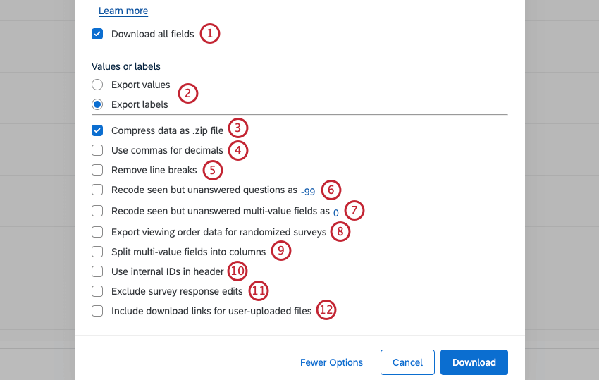 available options when exporting data