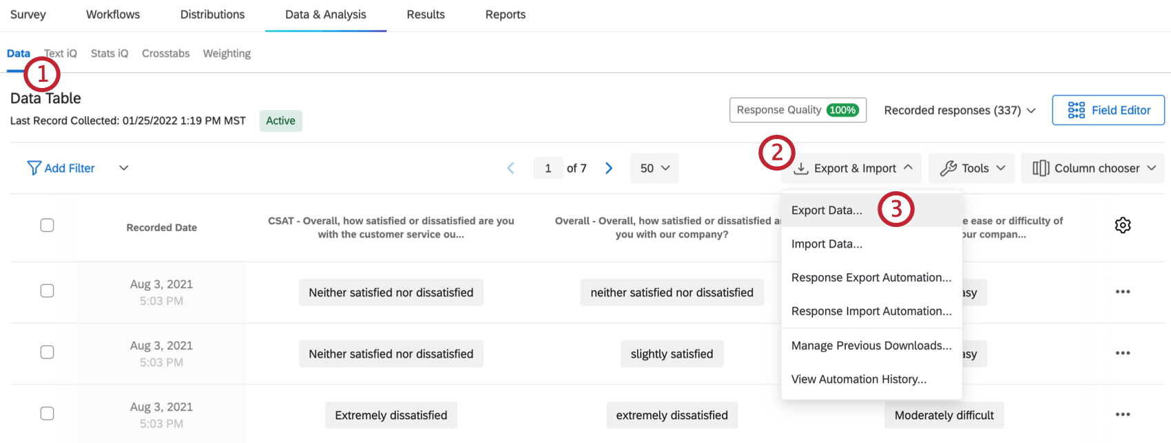 Exporting the response data by clicking the Export & Import drop down menu