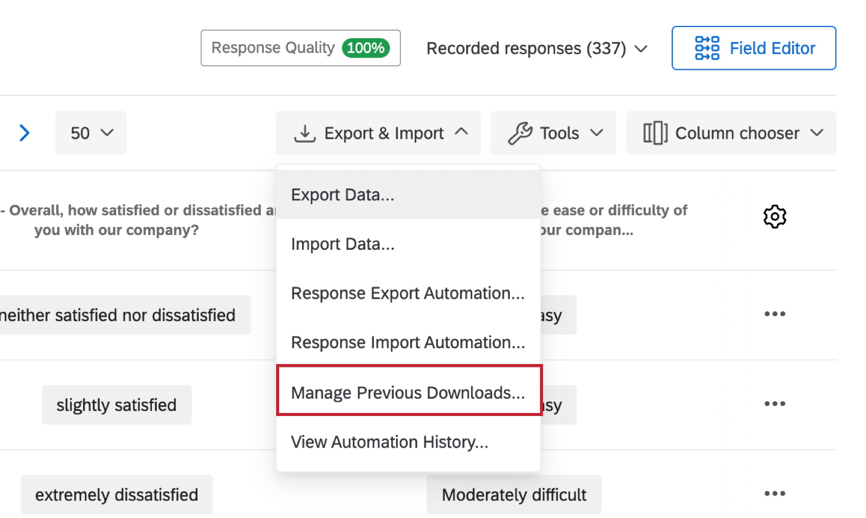 Manage Previous Downloads in the Export & Import drop down menu
