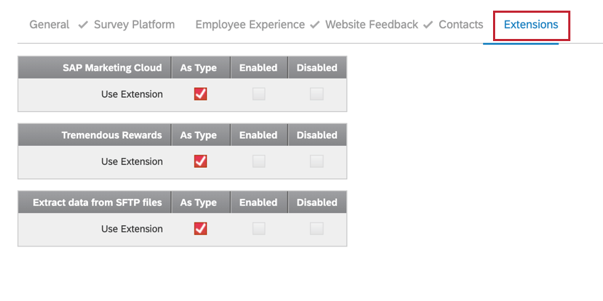 the extensions section of the user permissions window