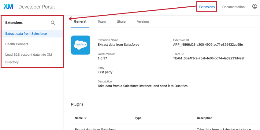 the extensions tab is accessed via the top right of the developer portal