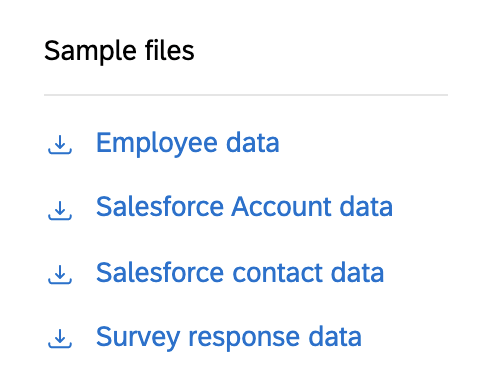 a list of example files, including: employee data, salesforce account data, salesforce contact data, and survey response data