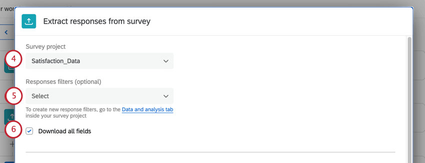 Screenshots of survey project, response filters, and downloads all fields options in the window