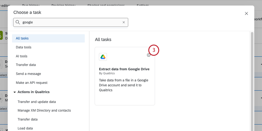 use the search bar at the top to search for the google drive task