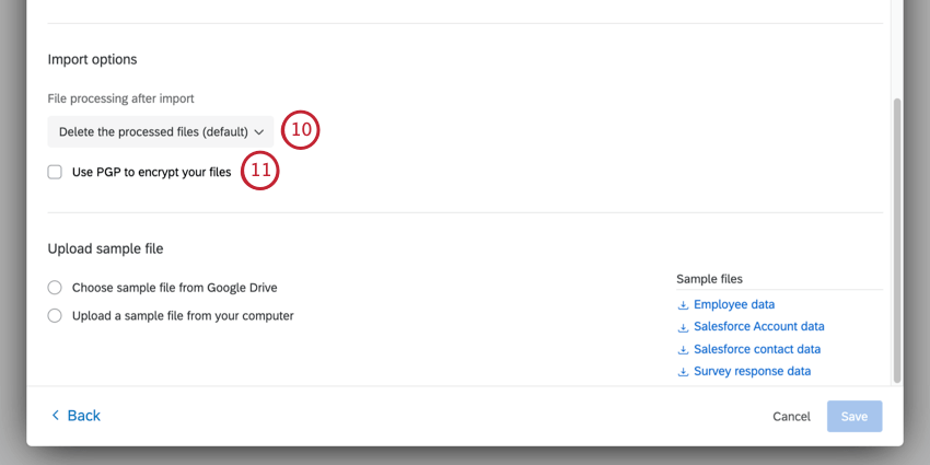 the import options dropdown, and a checkbox for PGP beneath it