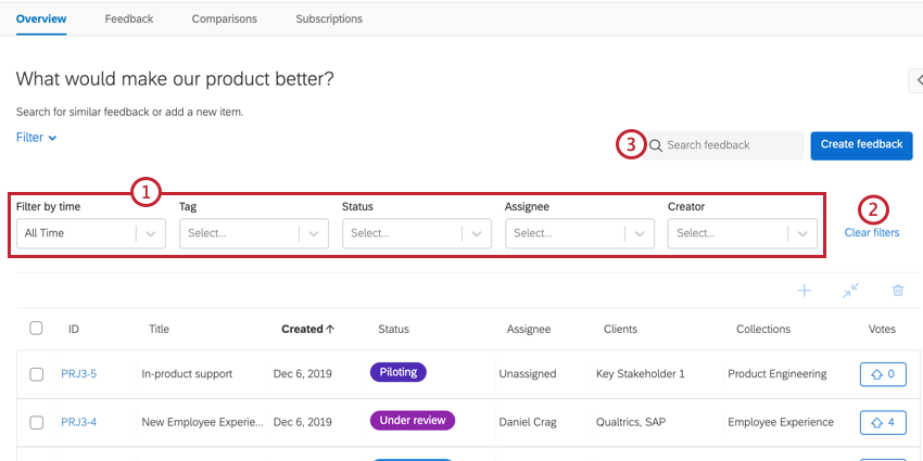 using the search and filter on the overview page