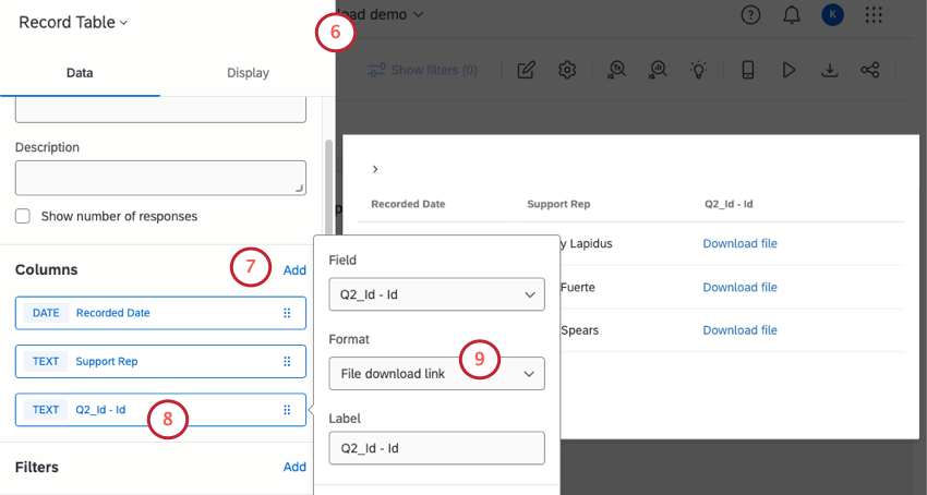 record table with editing pane open and column settings displayed