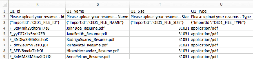 CSV with file ID, file name, file size, and file type