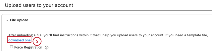 Click the download one link to download a template in the File Upload section.
