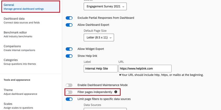 the filter pages independently option in dashboard settings