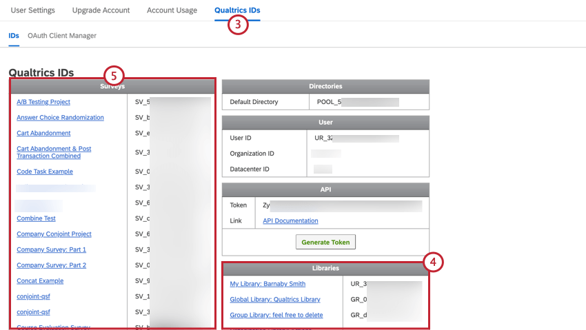 navigating to qualtrics ids and viewing the different ids