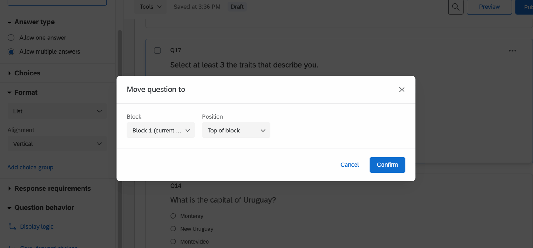Window that opens when you decide to move a question - fields for selecting a block and how to move the question
