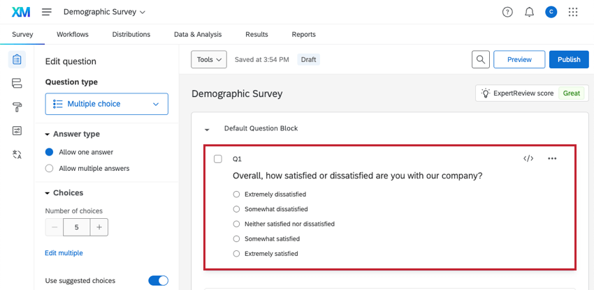Question highlighted in the survey builder