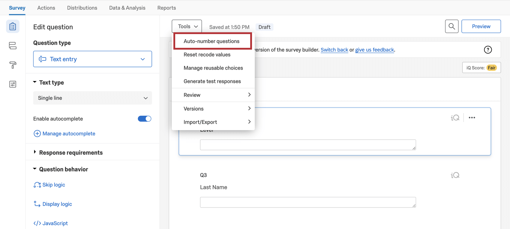 Tools button along top of builder; auto-number option first