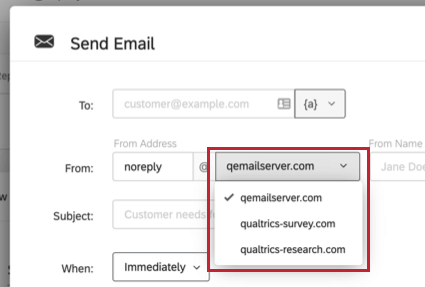 From address field in an email task. Dropdown with list of email domains instead of open text field