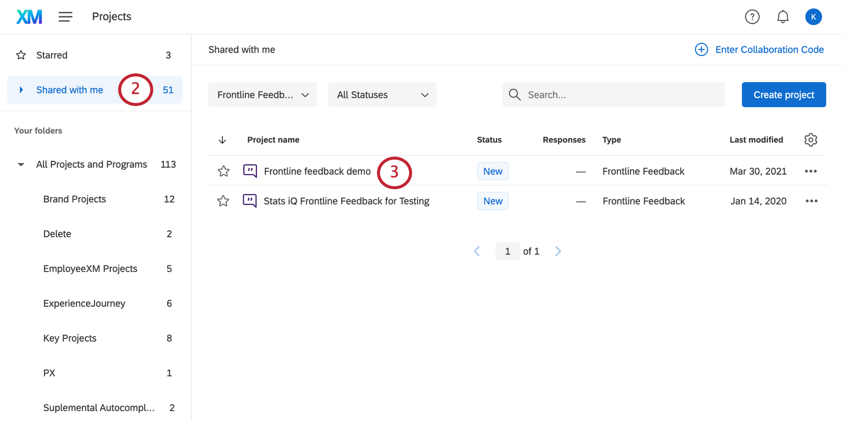 navigating to the shared with me folder and selecting the frontline feedback project