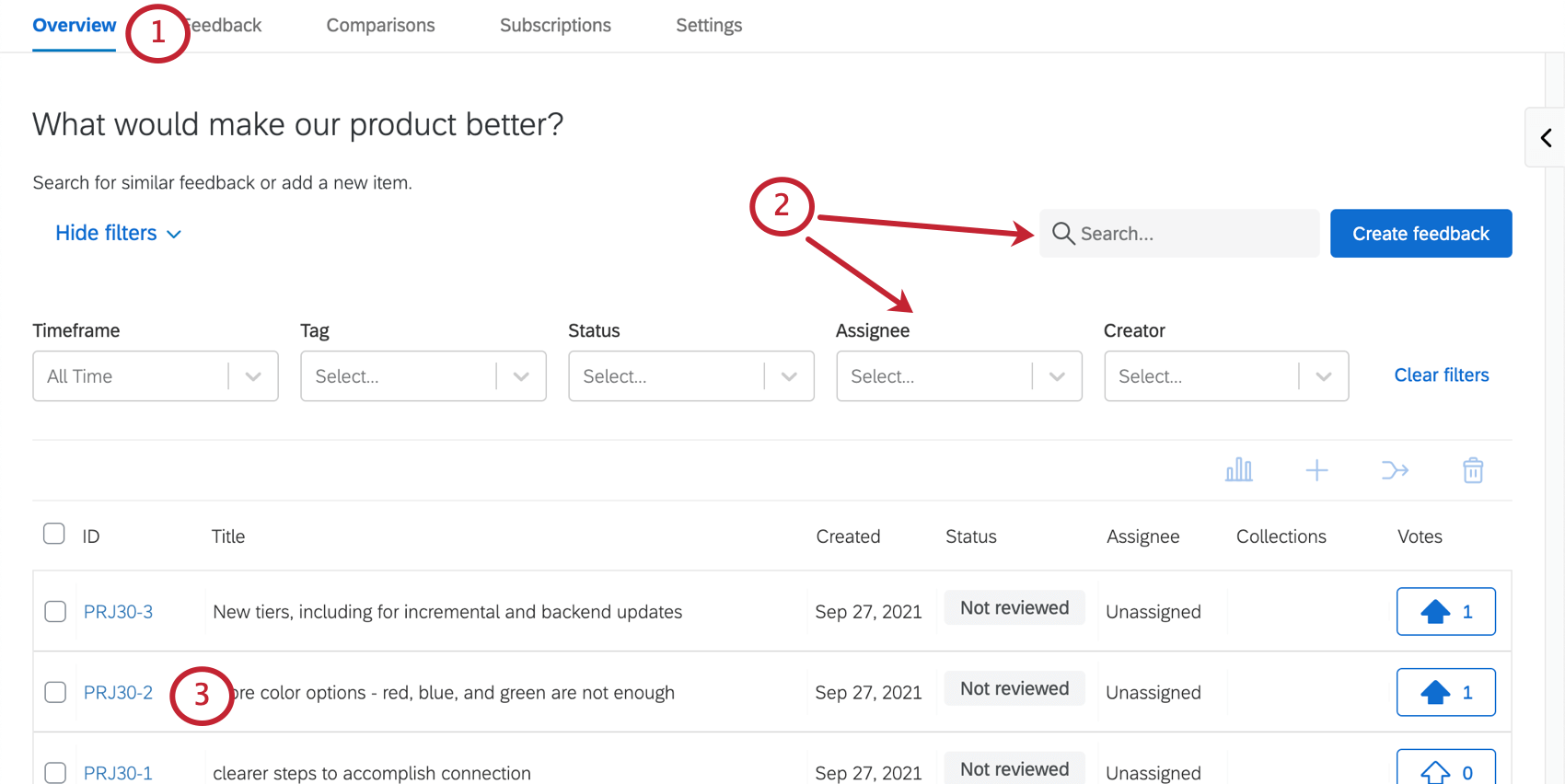 in the overview tab, searching for a feedback item and choosing it