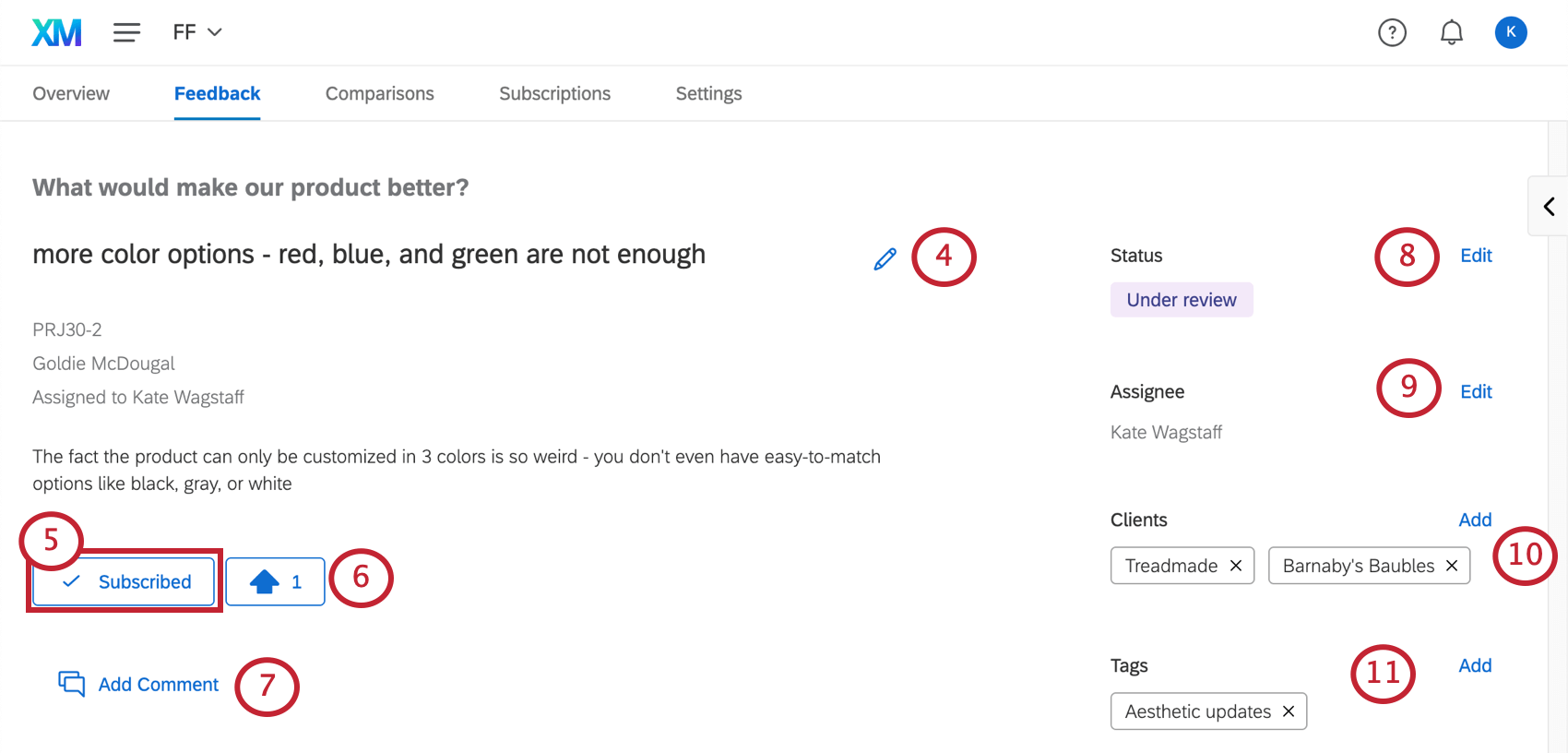 A picture of a feedback request. On the left are the name, description, basic info that cannot be edited, subscription settings, the ability to upvote, and the ability to add comments. On the right are the editable status, assignee, clients, and tags