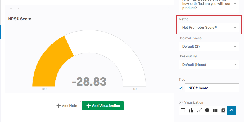 metric in visualization editing pane set to net promoter score
