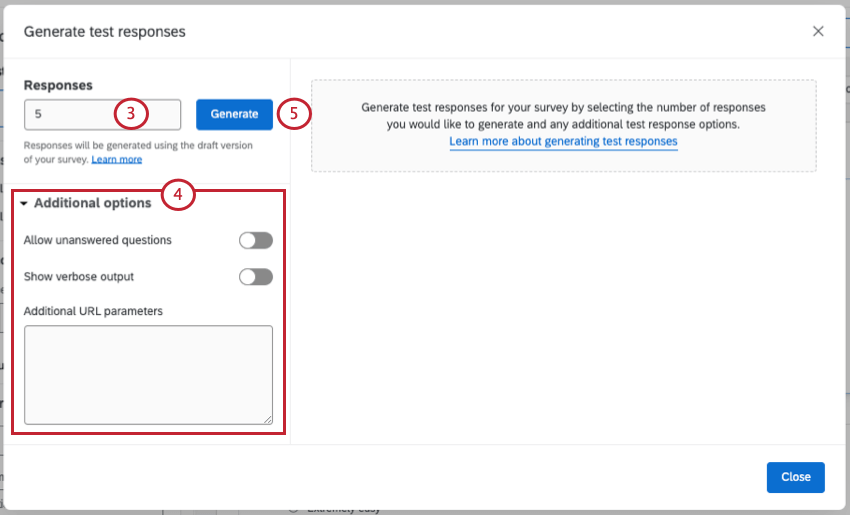 Test Survey window with options expanded